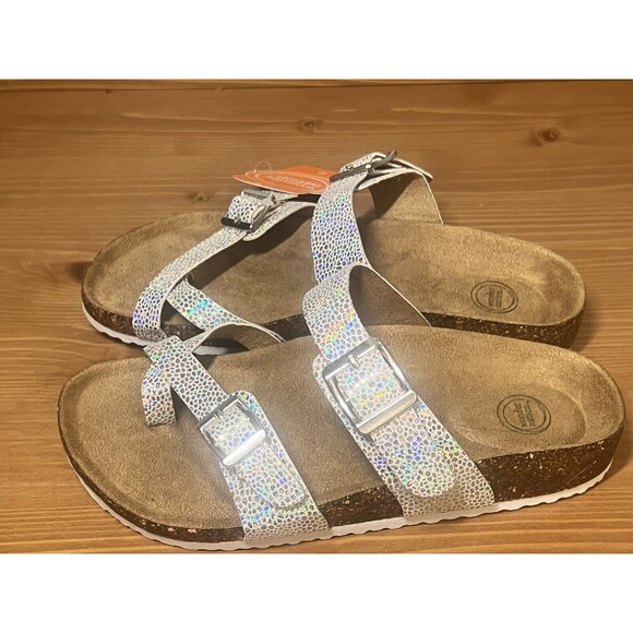 Wonder Nation Girls Silver Iridescent Footbed Thong Sandal 6 - Picture 5 of 12